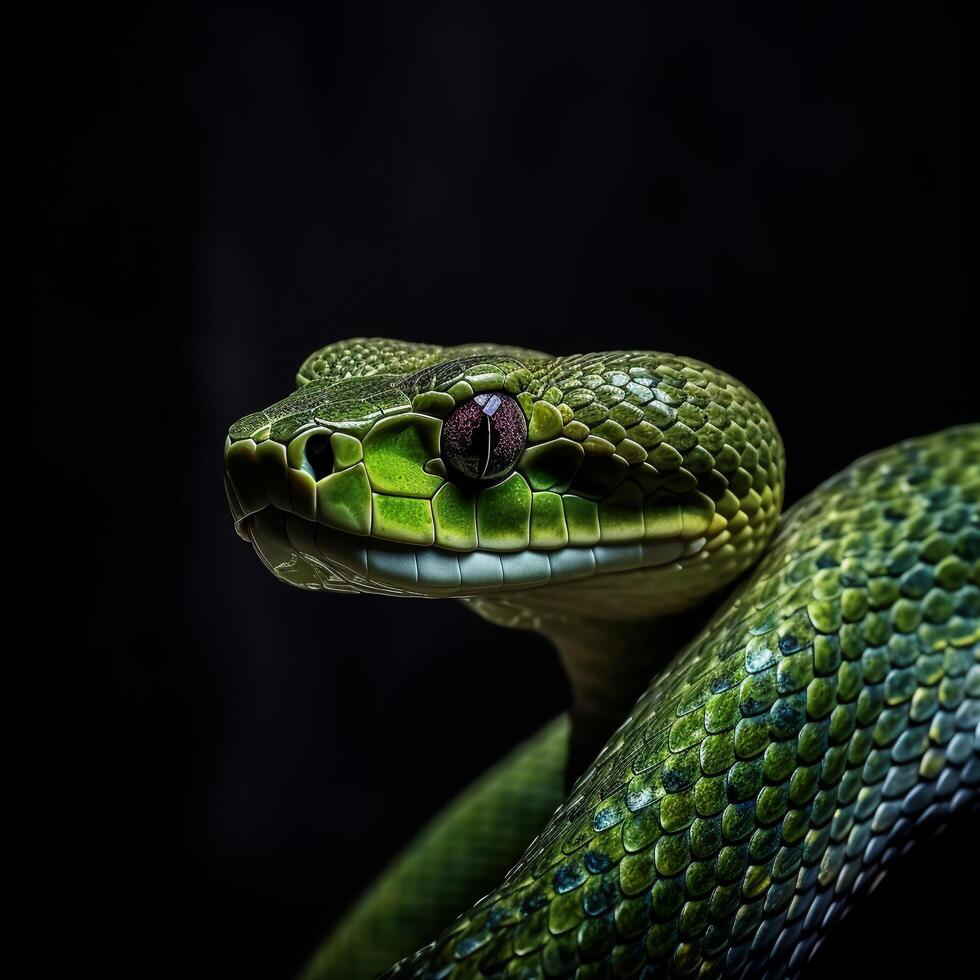 ai generado de cerca retrato de verde serpiente en negro fondo, generativo ai foto