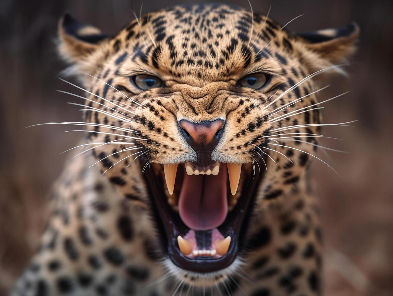 AI generated close up portrait of a leopard with a roaring expression. generative ai photo