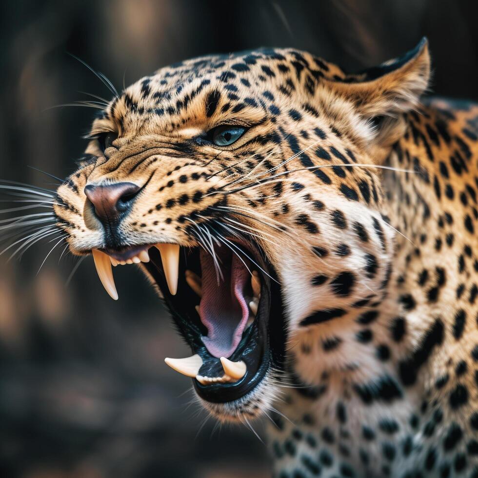 ai generado cerca arriba retrato de un leopardo con un rugido expresión. generativo ai foto