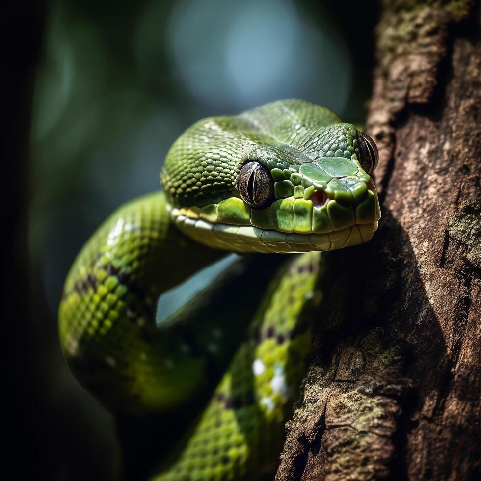 AI generated close-up portrait of green snake on black background, generative ai photo