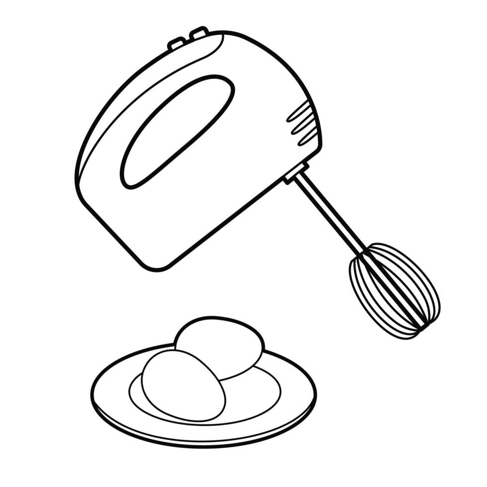 Kitchen Tools. Mixer and plate of eggs. Outline illustration, design elements vector