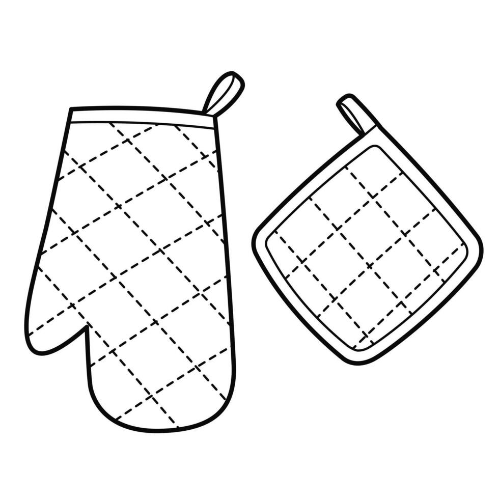 Set of textile cooking gloves. Oven Mitt and Potholder. Isolated on white background. Outline illustration, design elements vector