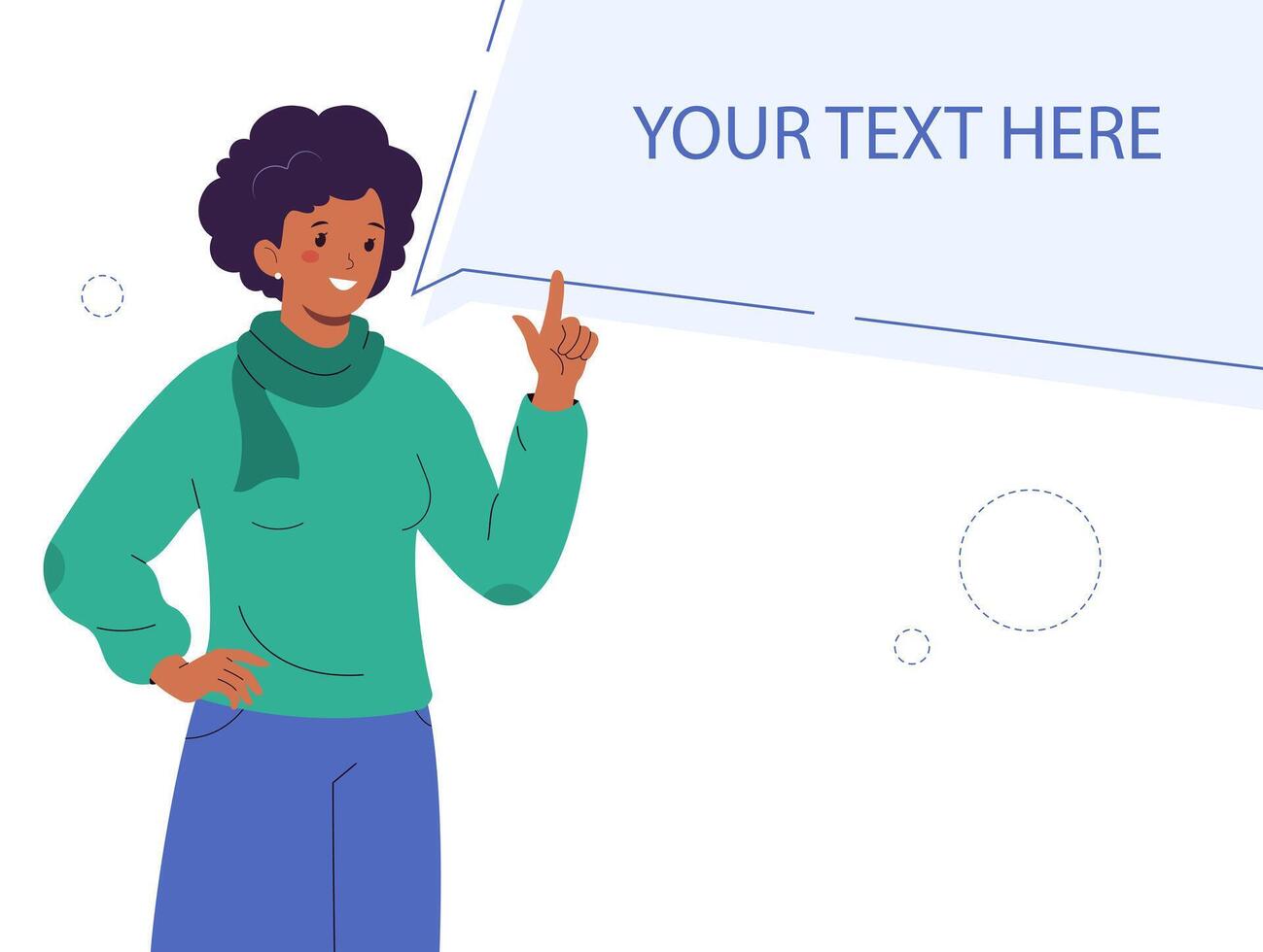 Young woman with speech bubble. Empty speech bubble for the text. Place for a message or advertisement. Woman pointing at copy space vector