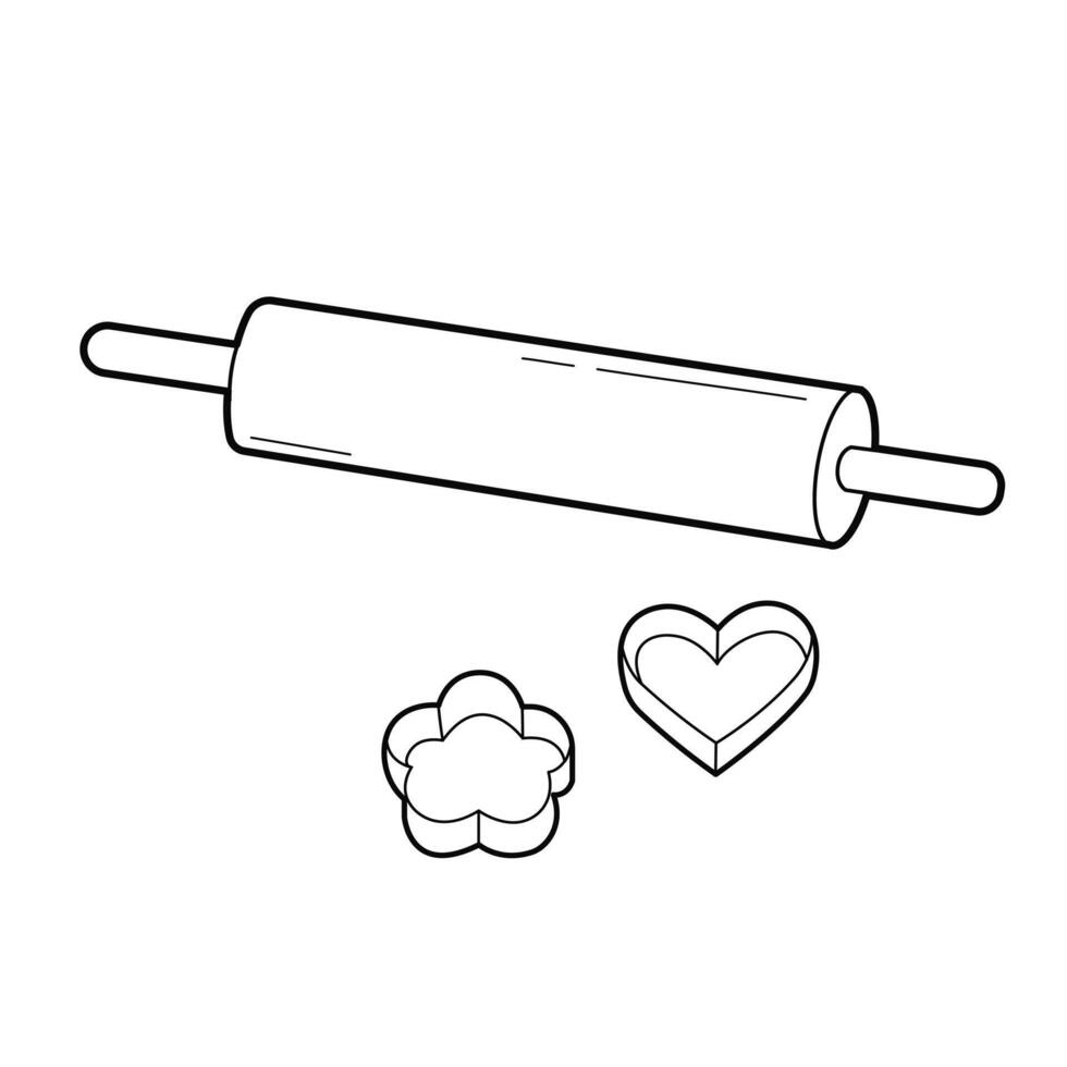 Baking items set. Kitchen Tools. Rolling pin and cookie molds. Outline illustration, design elements vector