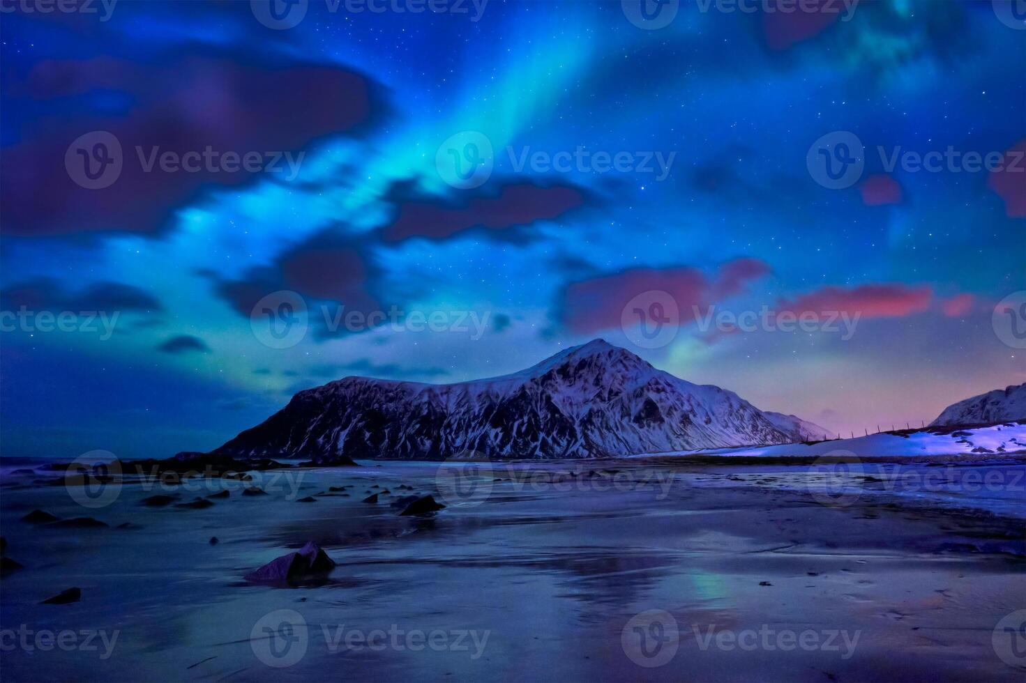 Aurora borealis northern lights. Lofoten islands, Norway photo