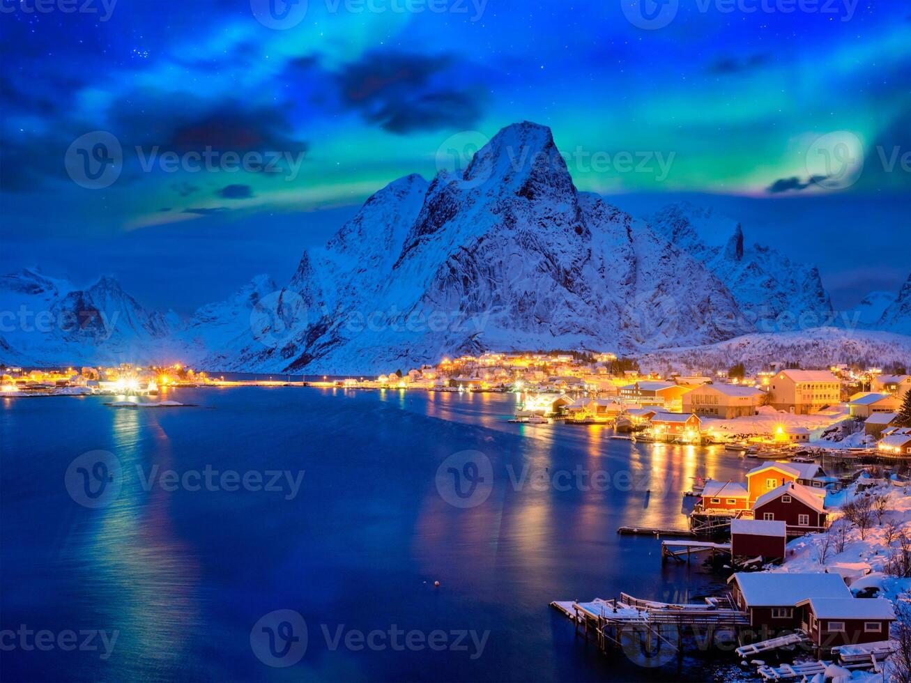 Reine village at night. Lofoten islands, Norway photo