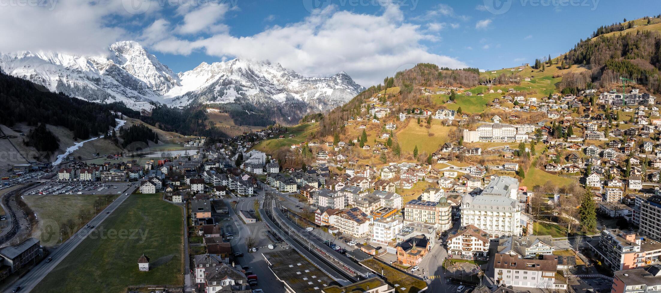 Engelberg Swiss Resort Panoramic View with SnowCapped Peaks and Village photo