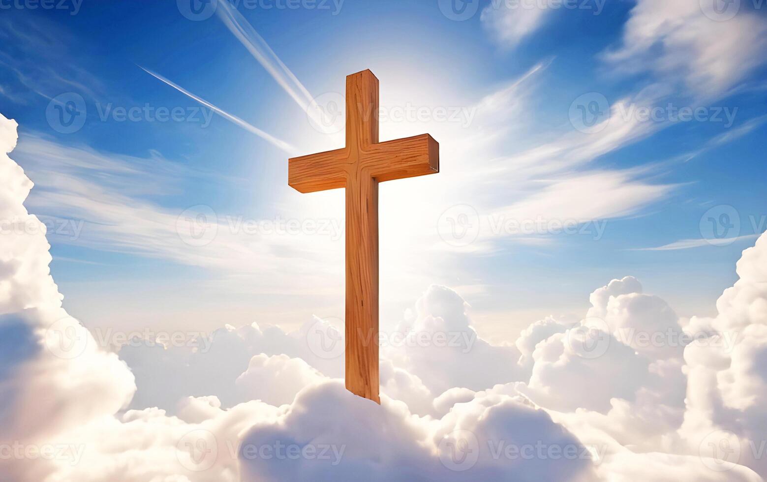 AI Generated Christian Easter concept with a cross in the sky symbolizing faith in Jesus Christ salvation and eternal life. photo