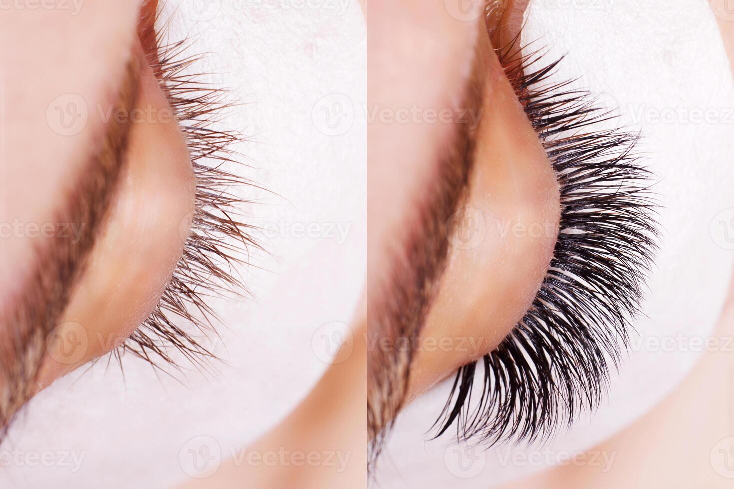 Eyelash Extension Procedure. Comparison of female eyes before and after. photo