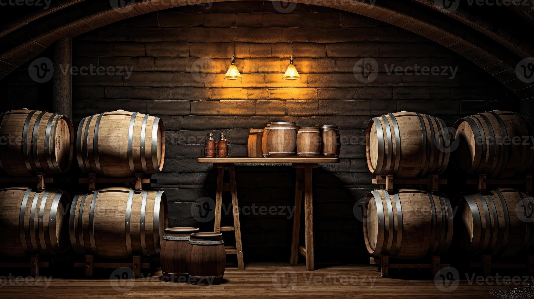 AI generated allure of winemaking with a composition featuring wooden wine barrels set against a rich dark backdrop, creating a visually appealing atmosphere for wine enthusiasts and connoisseurs photo