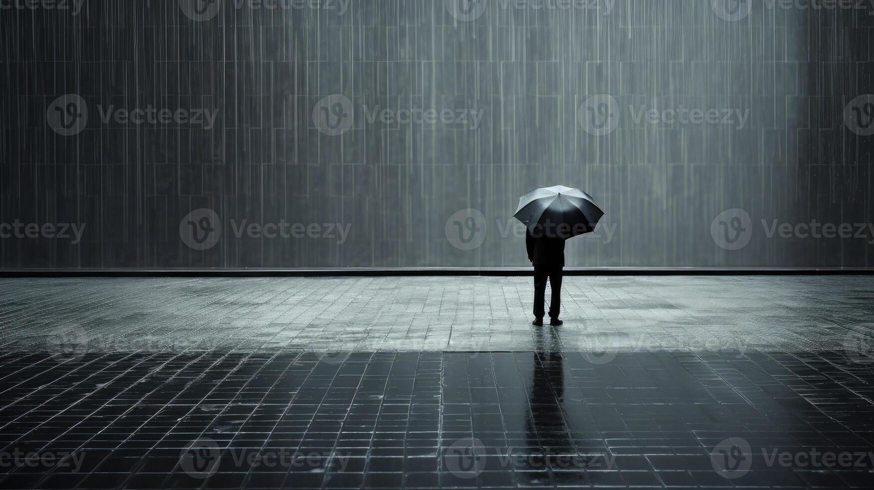 AI generated man confidently navigating the rain with his umbrella. photo