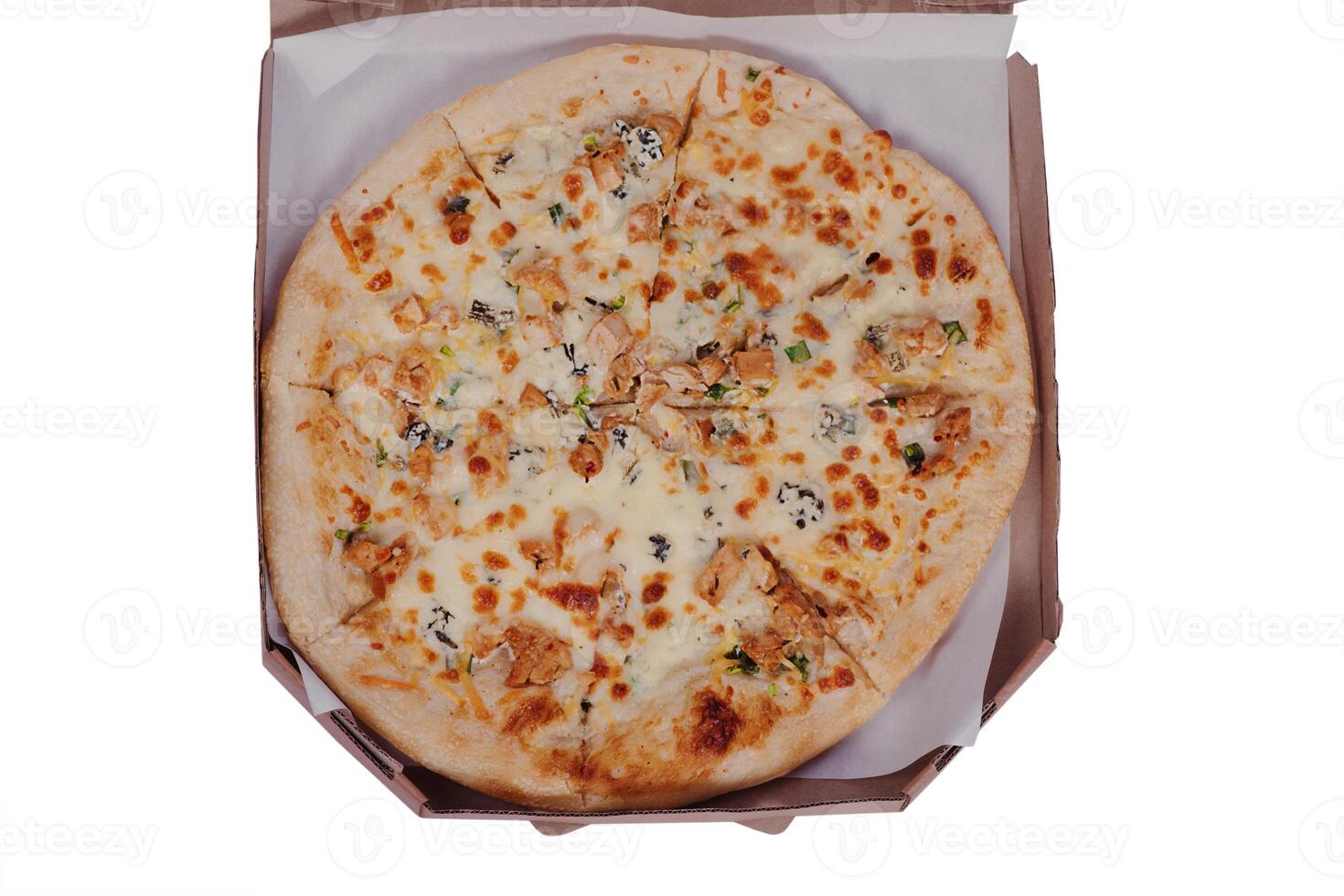 Pizza with chicken and cheese in a paper box. Food delivery. Pizza isolate. photo