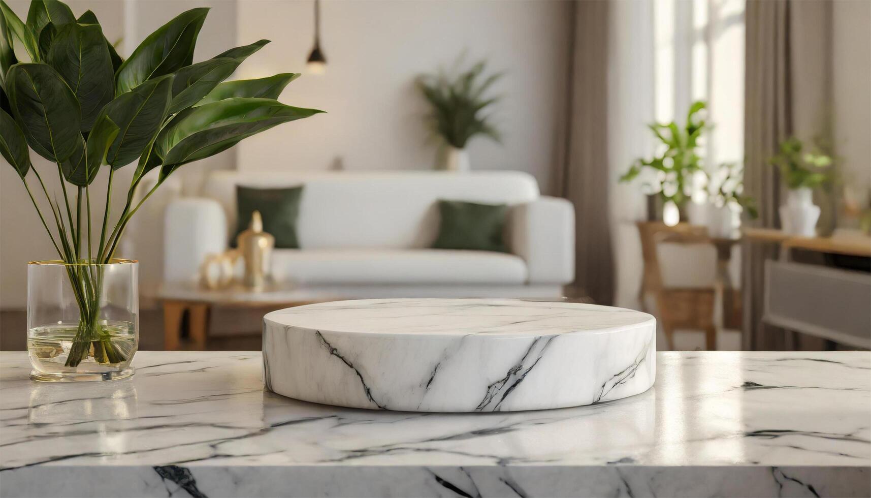 AI generated White marble podium table in modern living room, Mockup for design photo