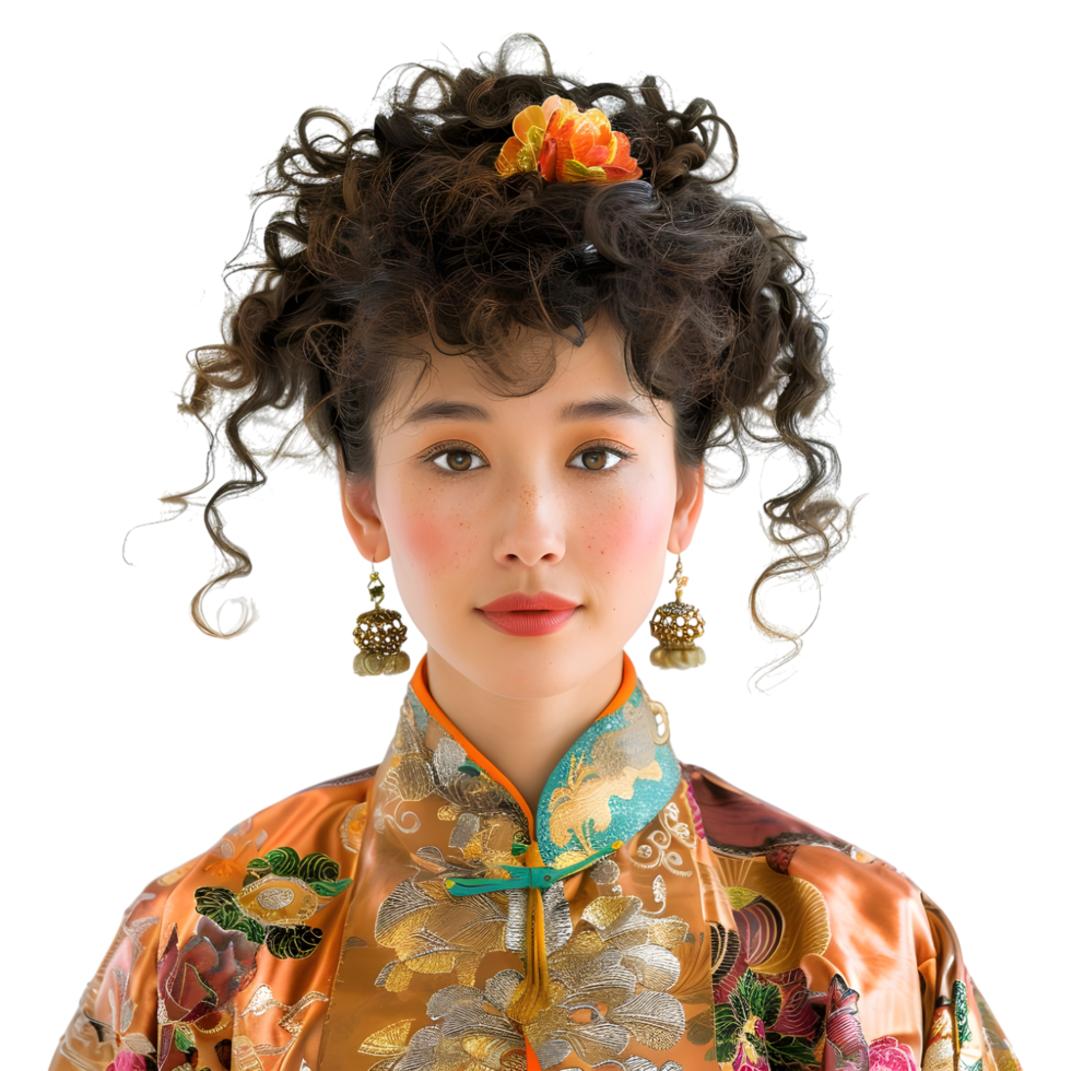 AI generated Chinese Tradition Woman with Curly Hair and Dress on Transparent background - Ai Generated png