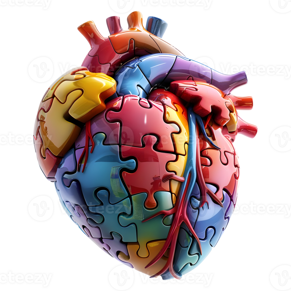 AI generated 3D Rendering of a Heart Made From Jigsaw Puzzle Pieces on Transparent Background - Ai Generated png