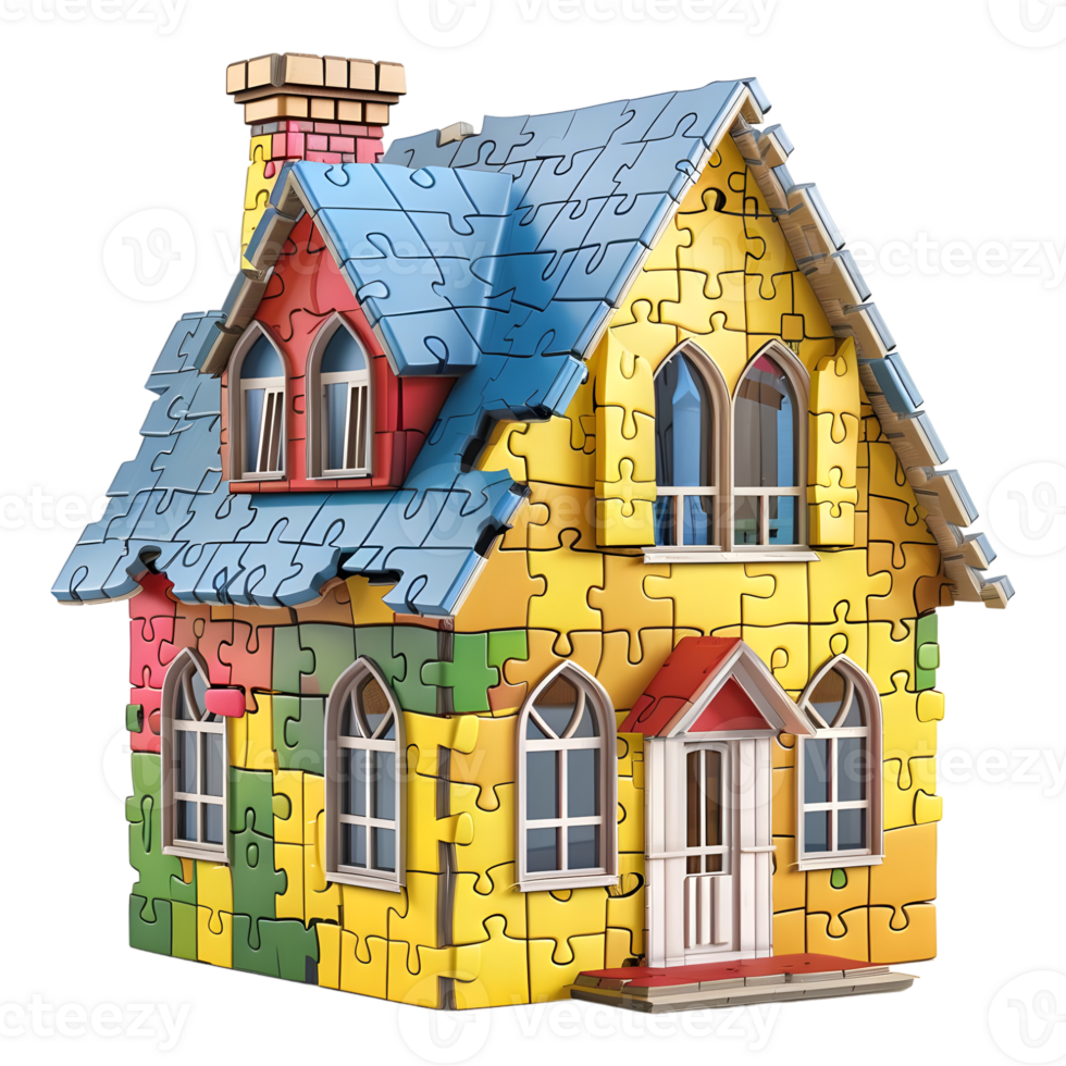 AI generated 3D Rendering of a House or Home Made From Jigsaw Puzzle Pieces on Transparent Background - Ai Generated png