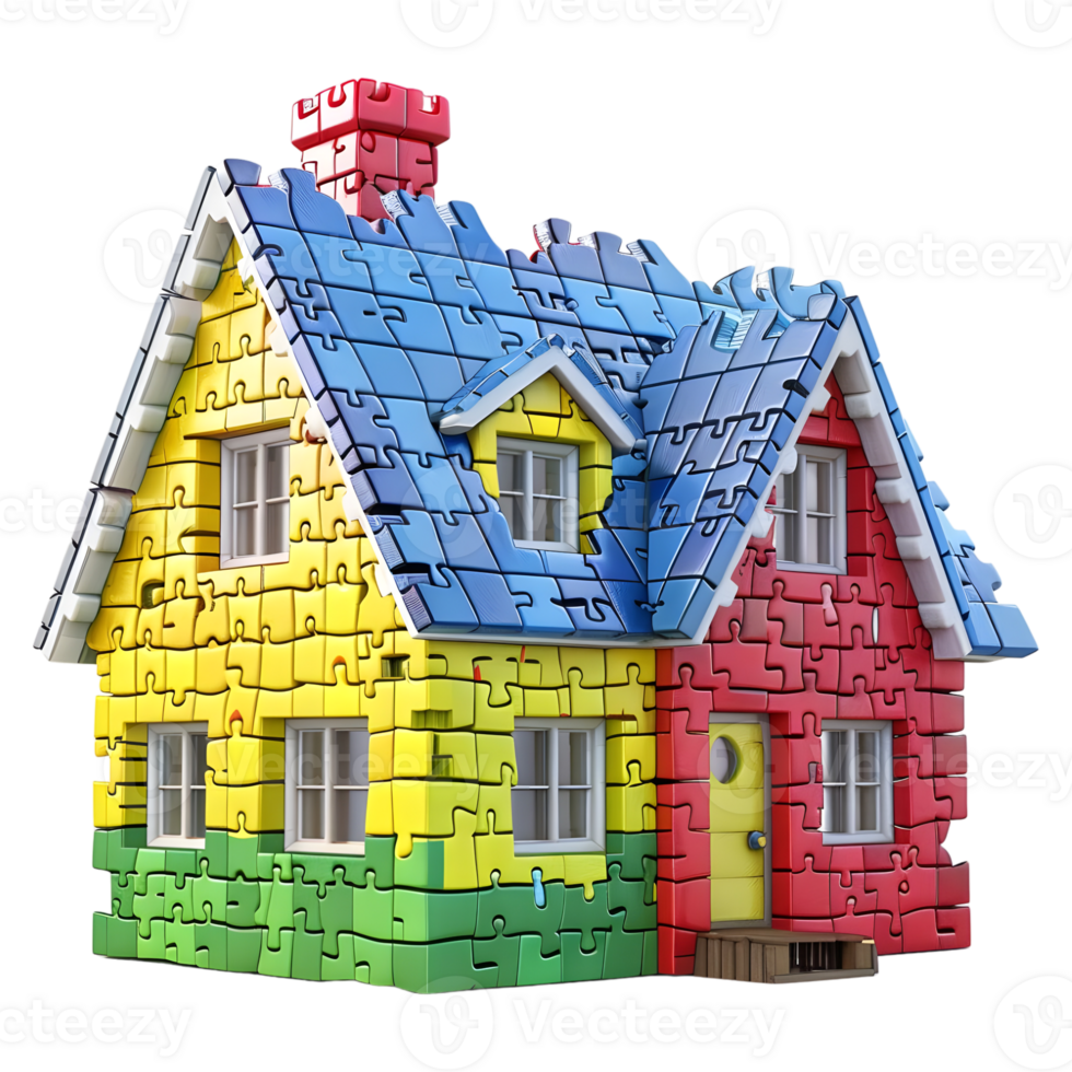 AI generated 3D Rendering of a House or Home Made From Jigsaw Puzzle Pieces on Transparent Background - Ai Generated png