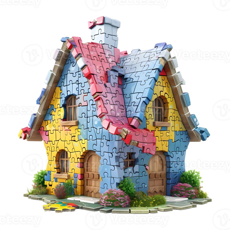 AI generated 3D Rendering of a House or Home Made From Jigsaw Puzzle Pieces on Transparent Background - Ai Generated png