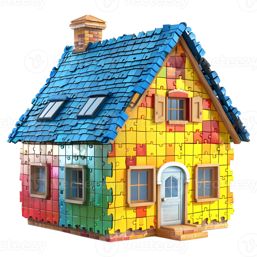 AI generated 3D Rendering of a House or Home Made From Jigsaw Puzzle Pieces on Transparent Background - Ai Generated png