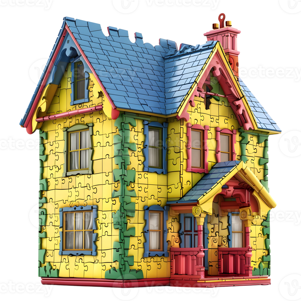 AI generated 3D Rendering of a House or Home Made From Jigsaw Puzzle Pieces on Transparent Background - Ai Generated png