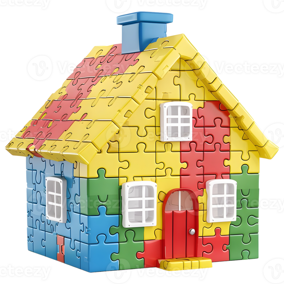 ai generado 3d representación de un casa o hogar hecho desde rompecabezas rompecabezas piezas en transparente antecedentes - ai generado png