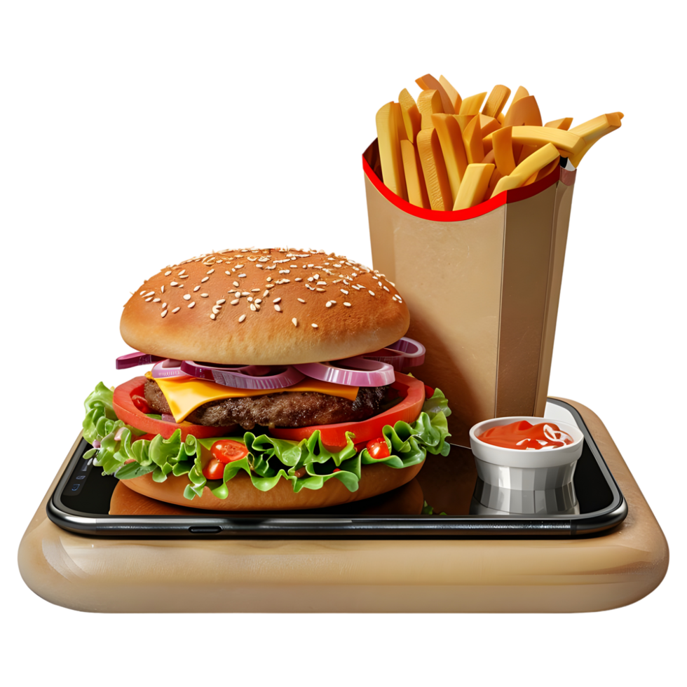 AI generated 3D Rendering of a Burger and Fries on Mobile Phone on Transparent Background - Ai Generated png