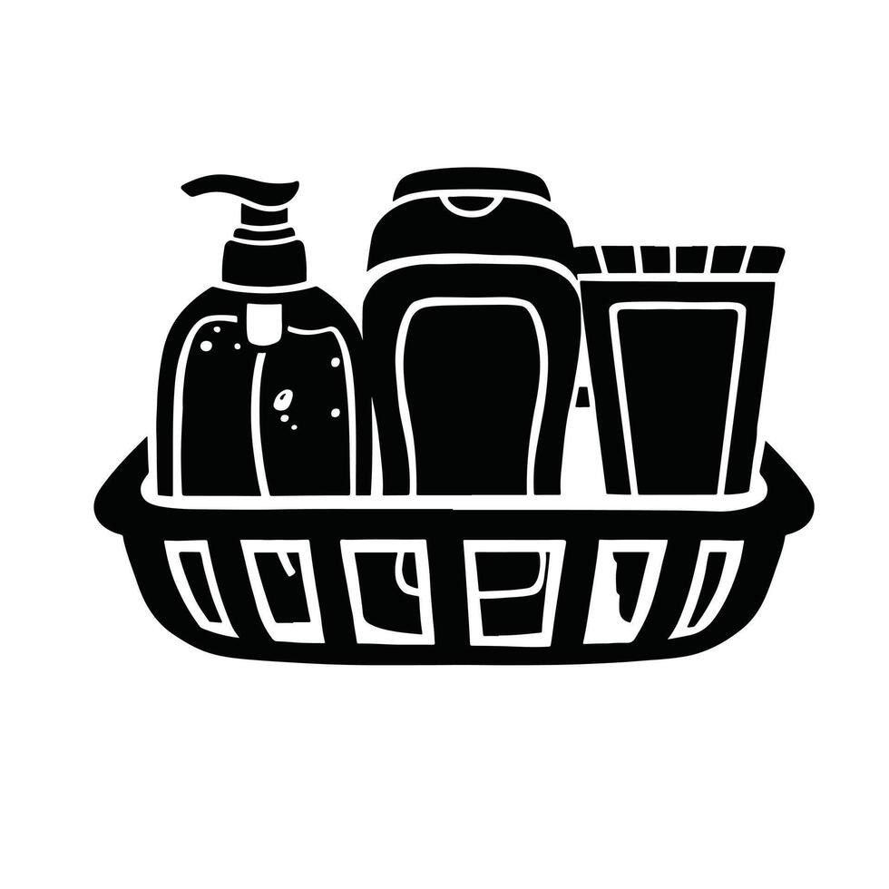 bathroom shelf with bottles and vials, personal hygiene illustration, vector