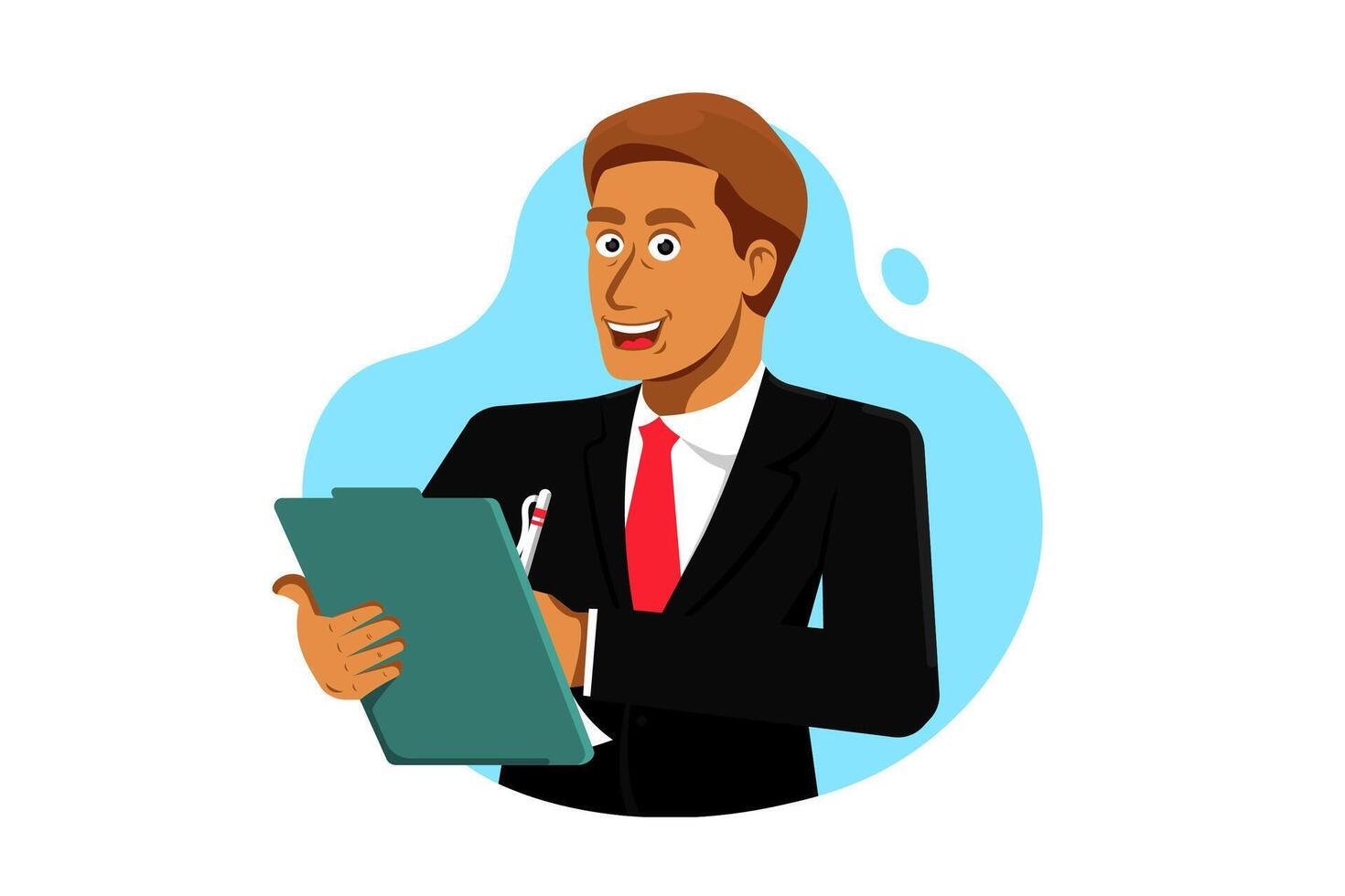 Smiling businessman cartoon holding clipboard on isolated background, Vector illustration.