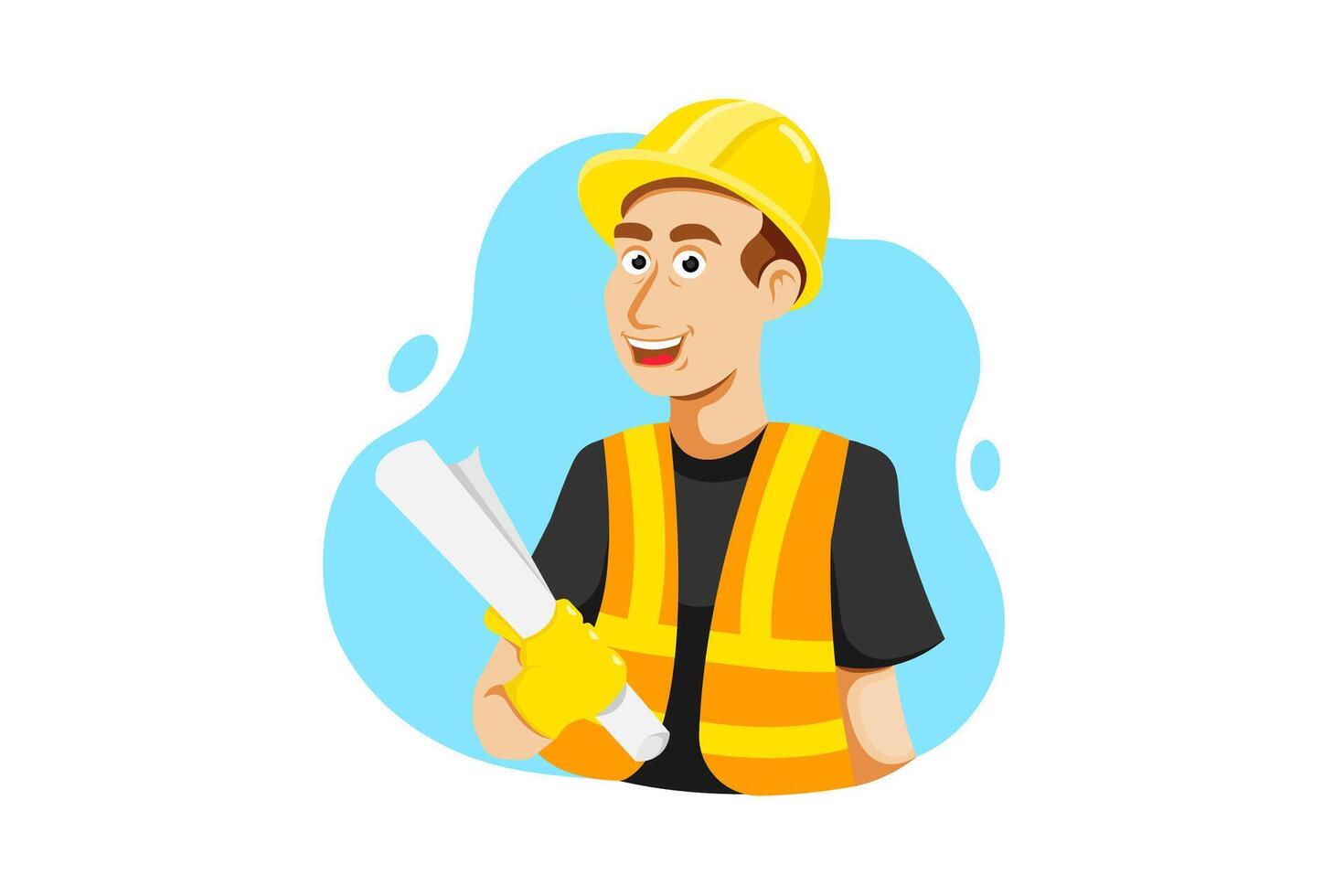 Happy technician man cartoon holding paper plan on isolated background, Vector illustration.