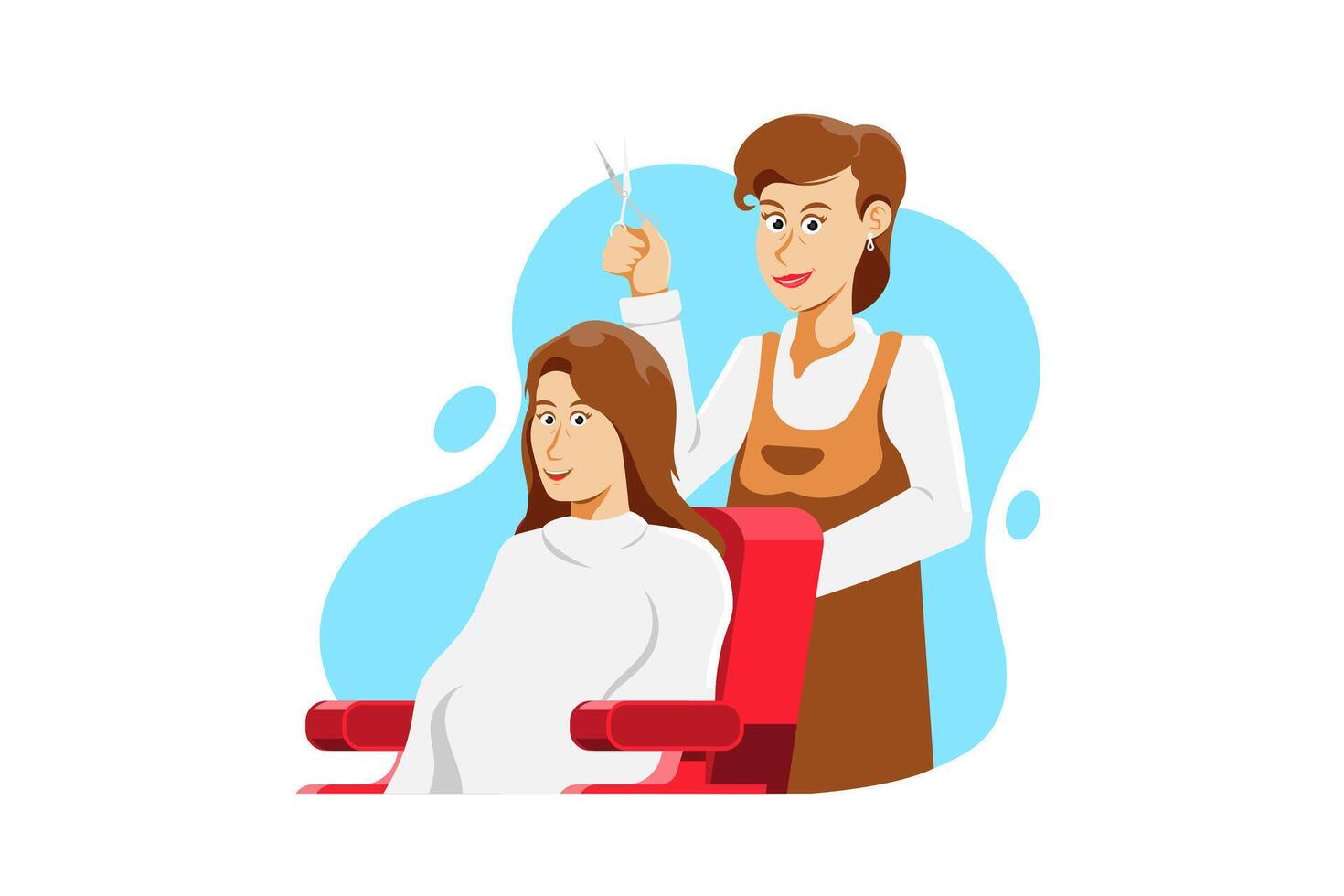 Woman barber making haircut for client on isolated background, Vector illustration.