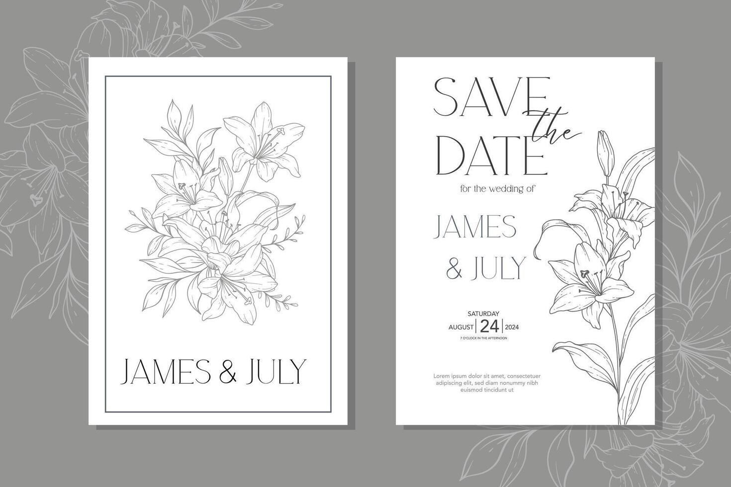 línea Arte lirio flor Boda invitación plantilla, contorno lirio minimalista Boda papelería vector