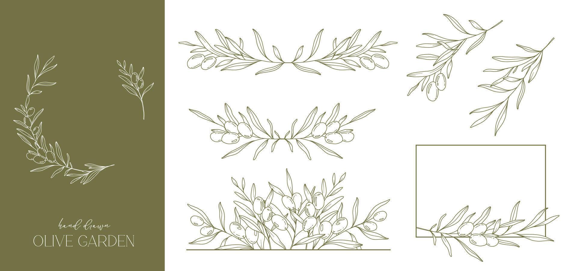 Olives Line Drawing. Black and white Olive Frame. Olive Wreath Isolated. Floral Line Art. Fine Line Olive  illustration. Black and white Olive Branches. Hand Drawn Olive. Wedding invitation greenery vector