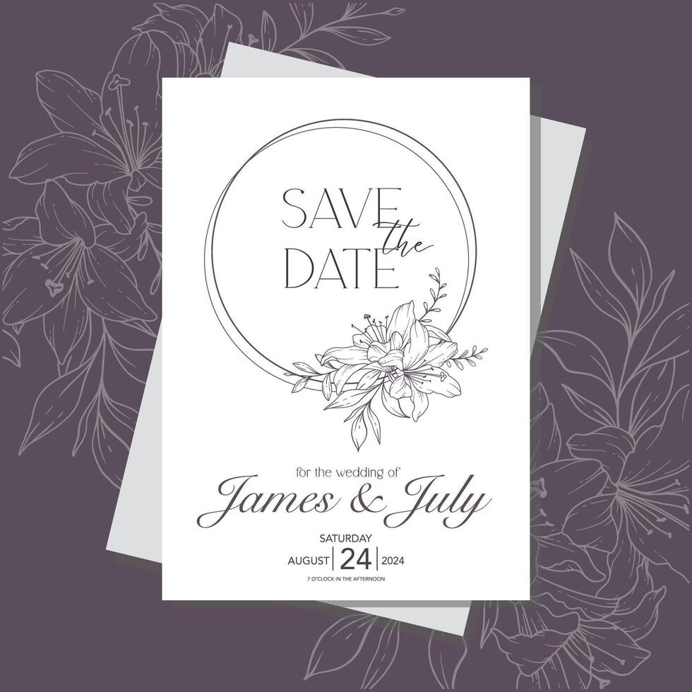 Line Art Lily Flower  Wedding Invitation template,  Outline Lily Minimalist Wedding Stationery vector