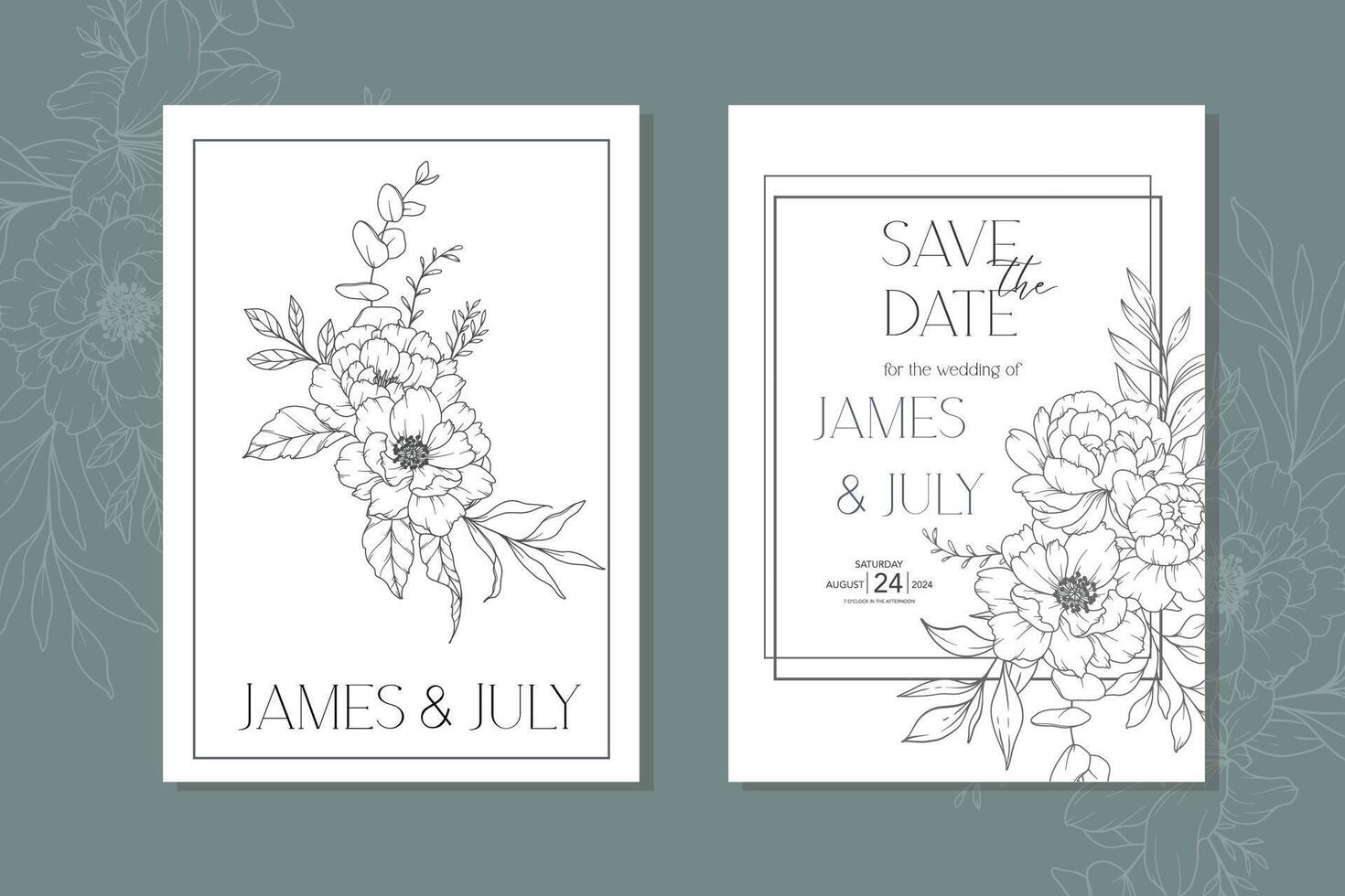 Line Art Peony Flower  Wedding Invitation template,  Outline Peony Minimalist Wedding Stationery vector