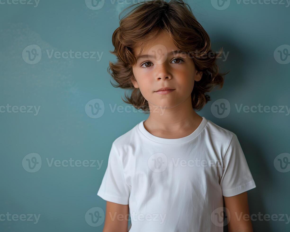 AI generated Boy's White Short Sleeve Round Neck T-Shirt Mockup It is a useful tool for clothing designers to help visualize T-shirts before actual production Save time and money and makes it easy. photo