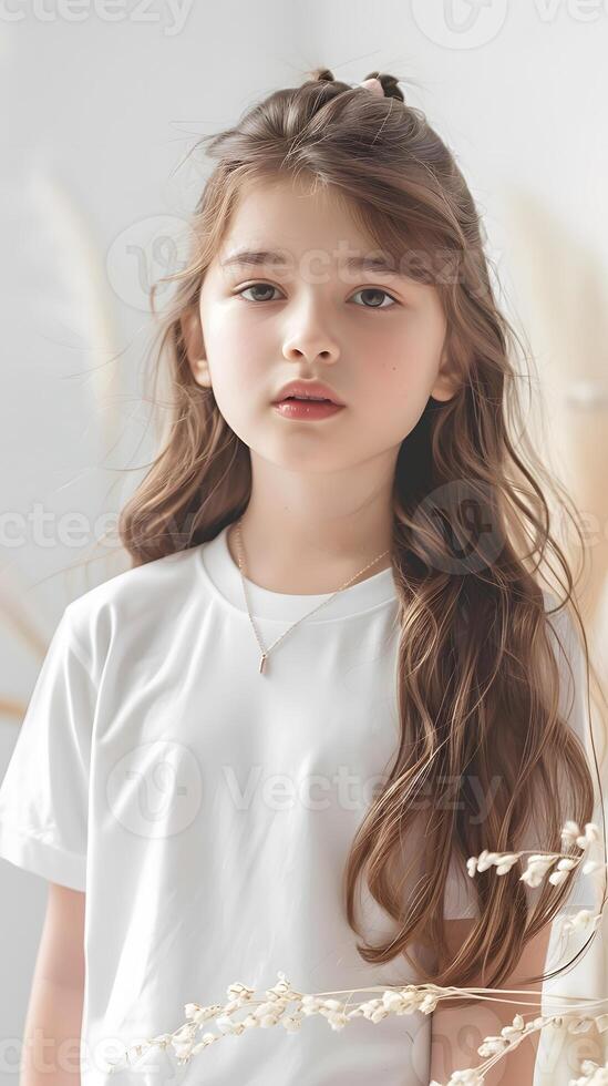 AI generated Girl's White Short Sleeve Round Neck T-Shirt Mockup It is a useful tool for clothing designers to help visualize T-shirts before actual production Save time and money and makes it easy. photo