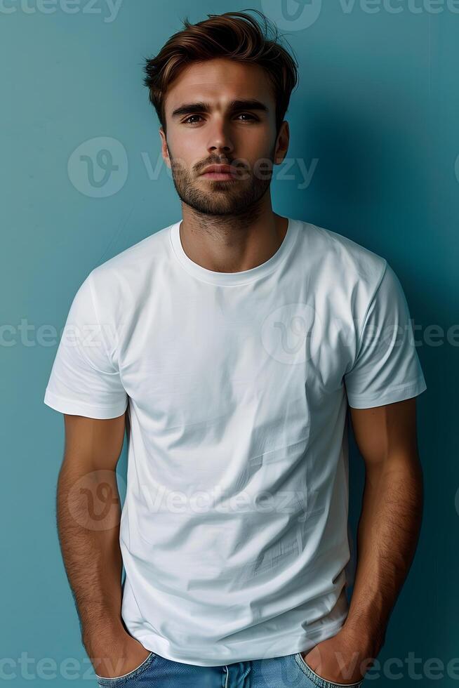 AI generated Men's White Short Sleeve Round Neck T-Shirt Mockup It is a useful tool for clothing designers to help visualize T-shirts before actual production Save time and money and makes it easier. photo