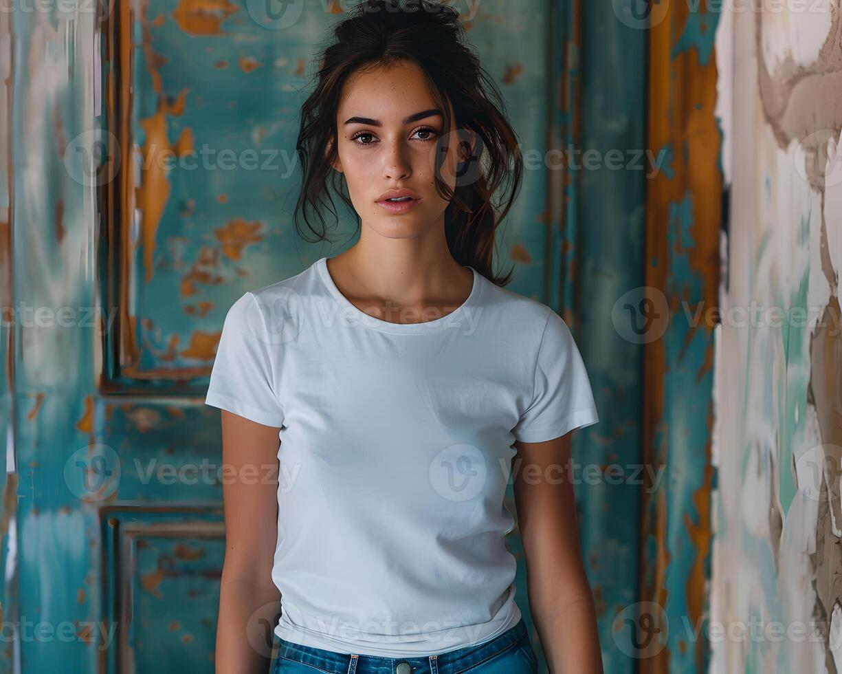 AI generated Women's White Short Sleeve Round Neck T-Shirt Mockup It is a useful tool for clothing designers to help visualize T-shirts before actual production Save time and money and makes it easier photo