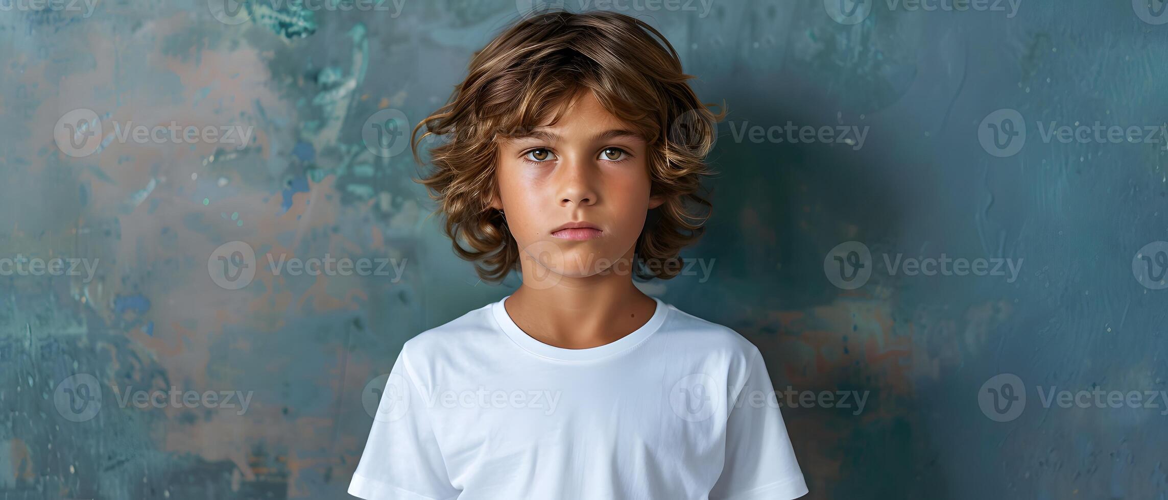 AI generated Boy's White Short Sleeve Round Neck T-Shirt Mockup It is a useful tool for clothing designers to help visualize T-shirts before actual production Save time and money and makes it easy. photo