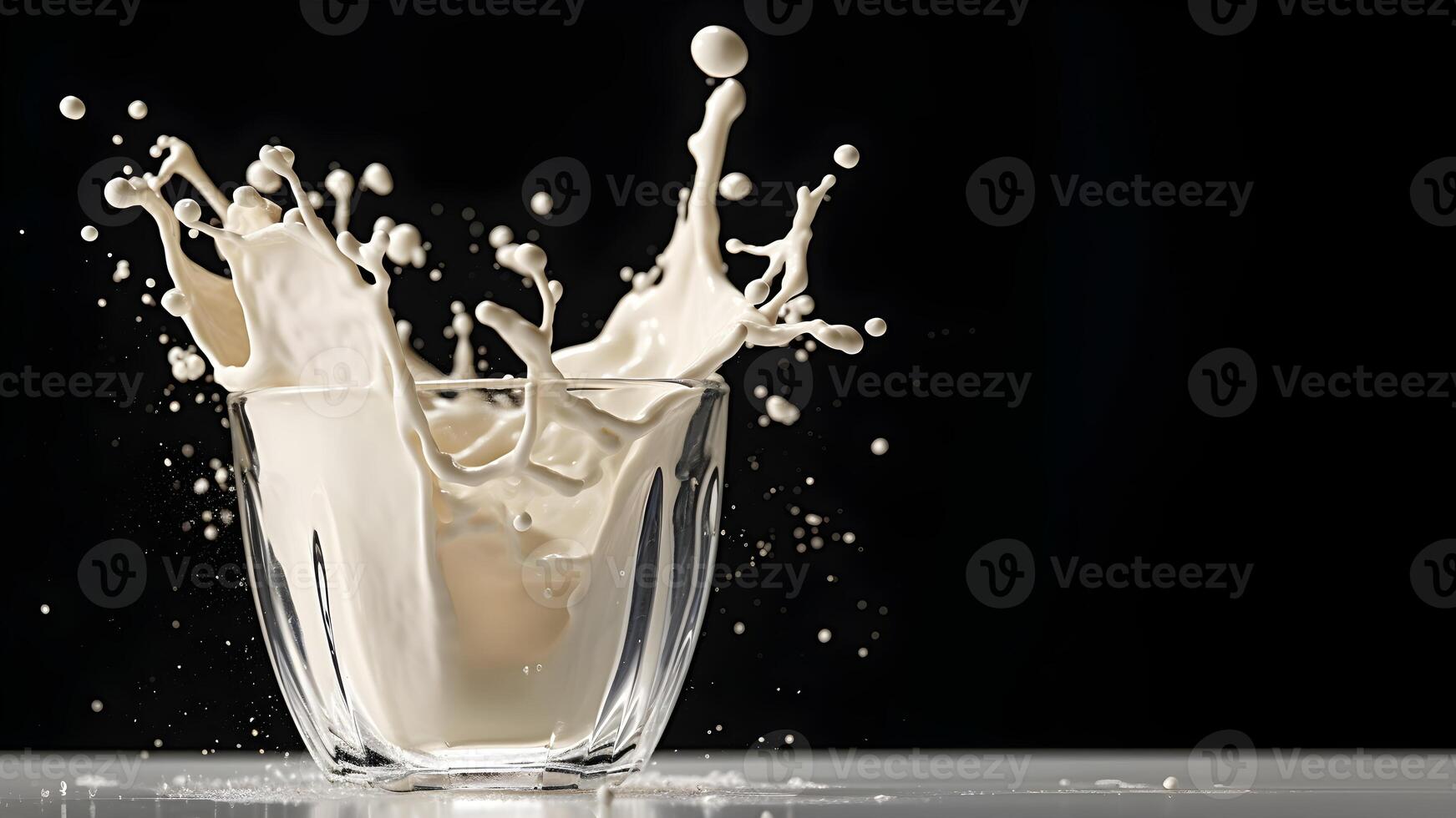 AI generated Milk or yogurt splashes beautifully like a work of art in a clear glass container on plain background There is enough light. Suitable for use in advertising about milk whether it's food. photo