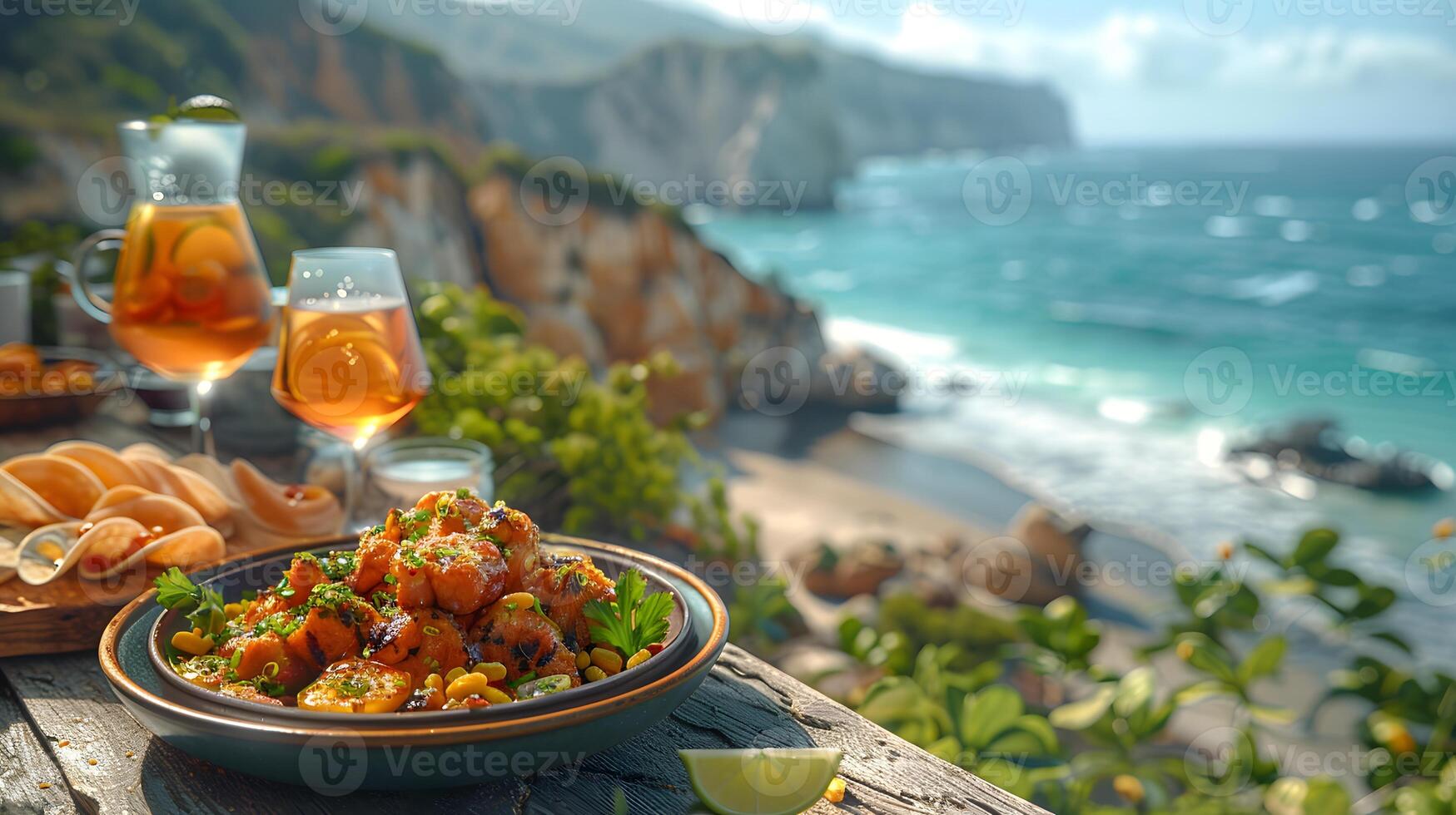 AI generated Delicious looking food beautifully arranged on a beach by the sea. Can be used to attract tourists, promote seaside restaurants, food products, catering services or travel packages photo