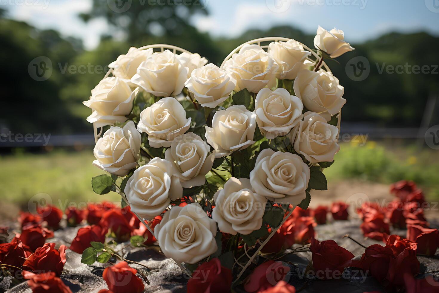 AI generated Roses arranged in heart shape among other roses. Sunlight shines beautifully, symbolizing love, friendliness, beauty, elegance, happiness and cheerfulness in life relationships. photo