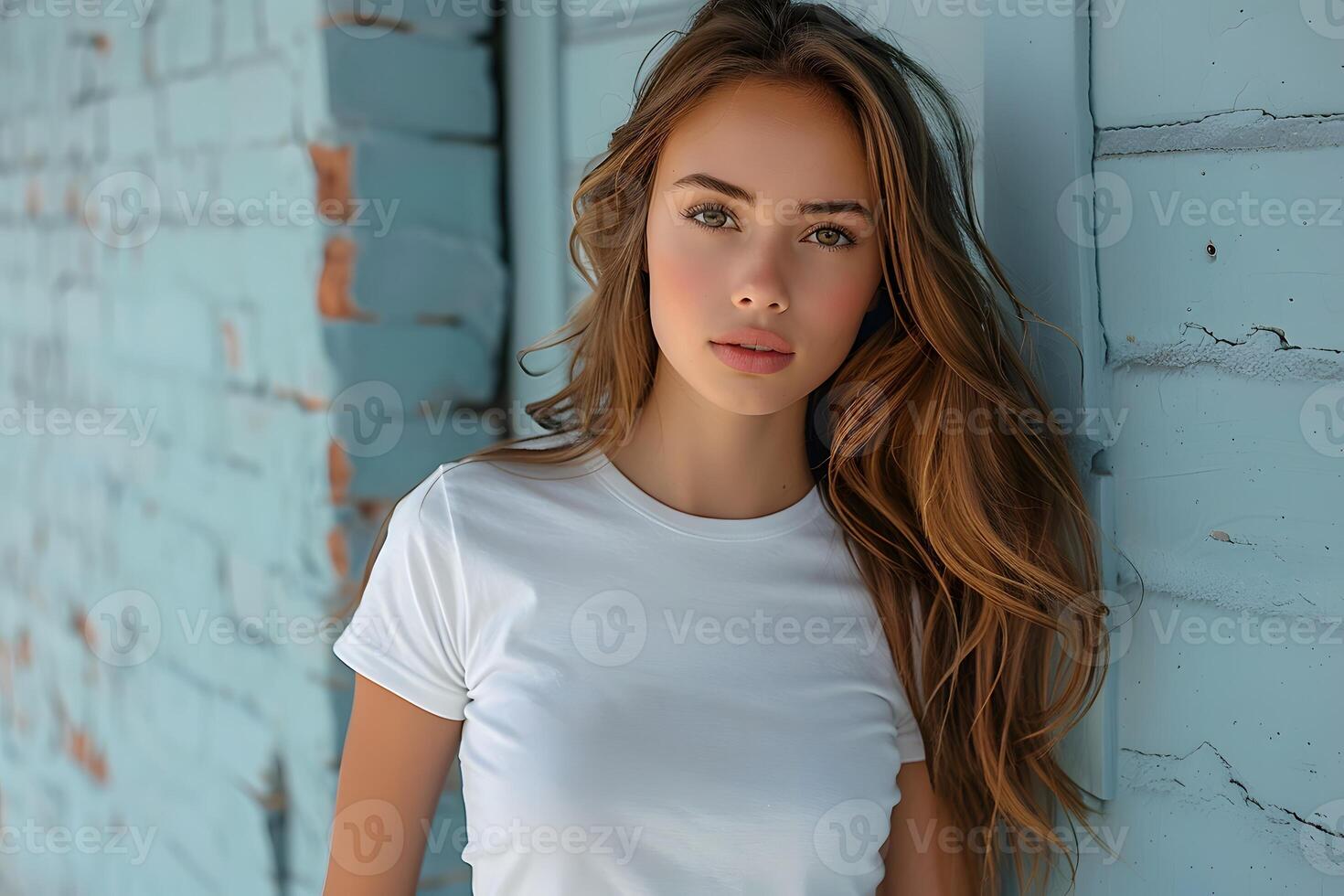 AI generated Women's White Short Sleeve Round Neck T-Shirt Mockup It is a useful tool for clothing designers to help visualize T-shirts before actual production Save time and money and makes it easier photo