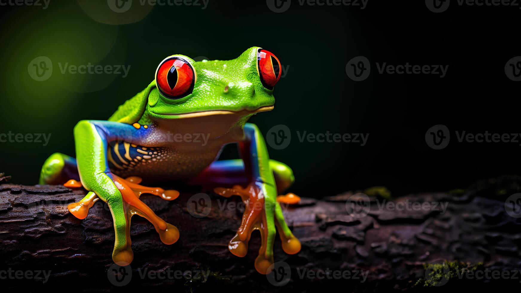 AI generated Brightly colored frog with bright red eyes. Perched on a stationary branch, it stands out against dark background. Frogs are brightly colored to warn predators that I am poisonous. photo