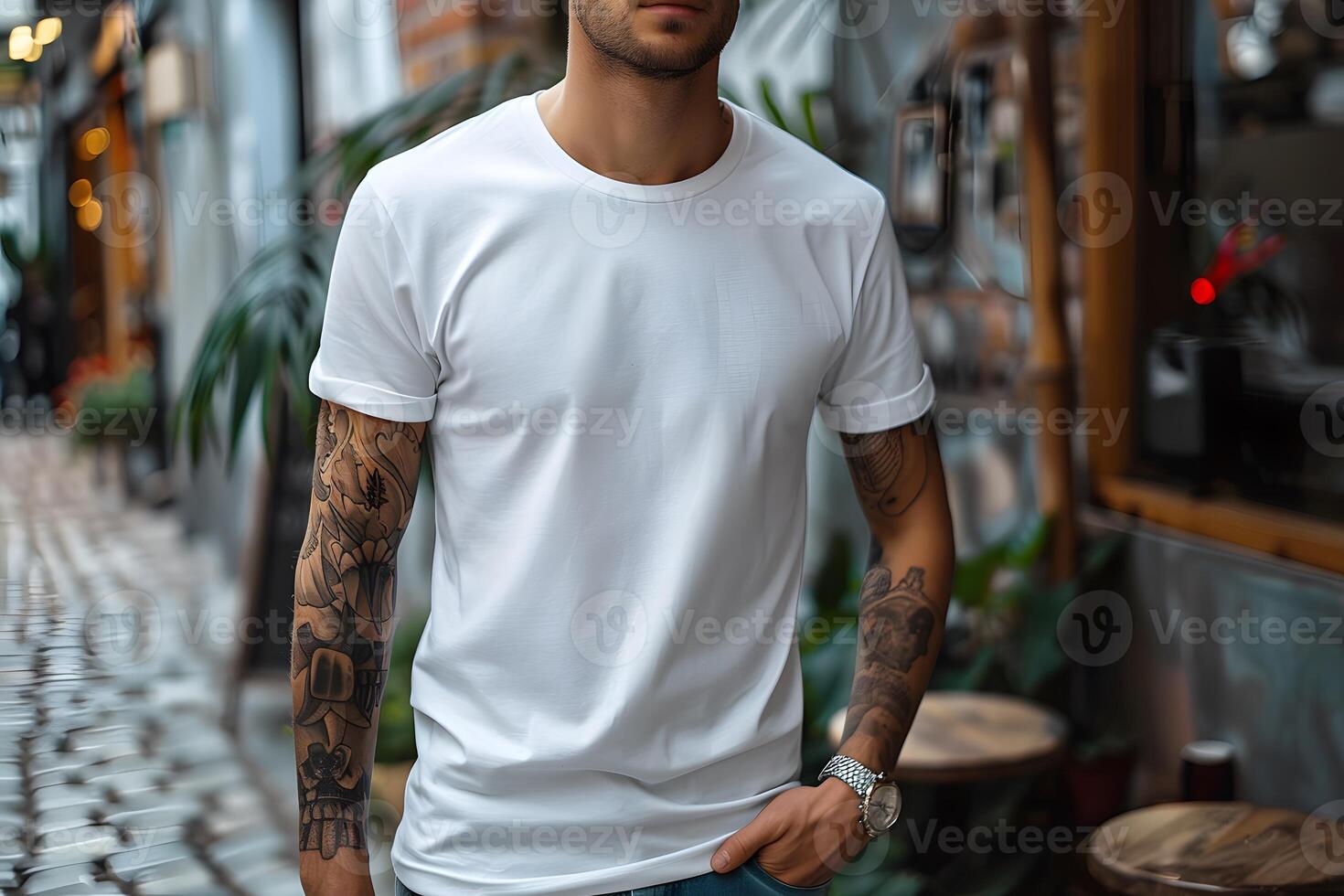 AI generated Men's White Short Sleeve Round Neck T-Shirt Mockup It is a useful tool for clothing designers to help visualize T-shirts before actual production Save time and money and makes it easier. photo