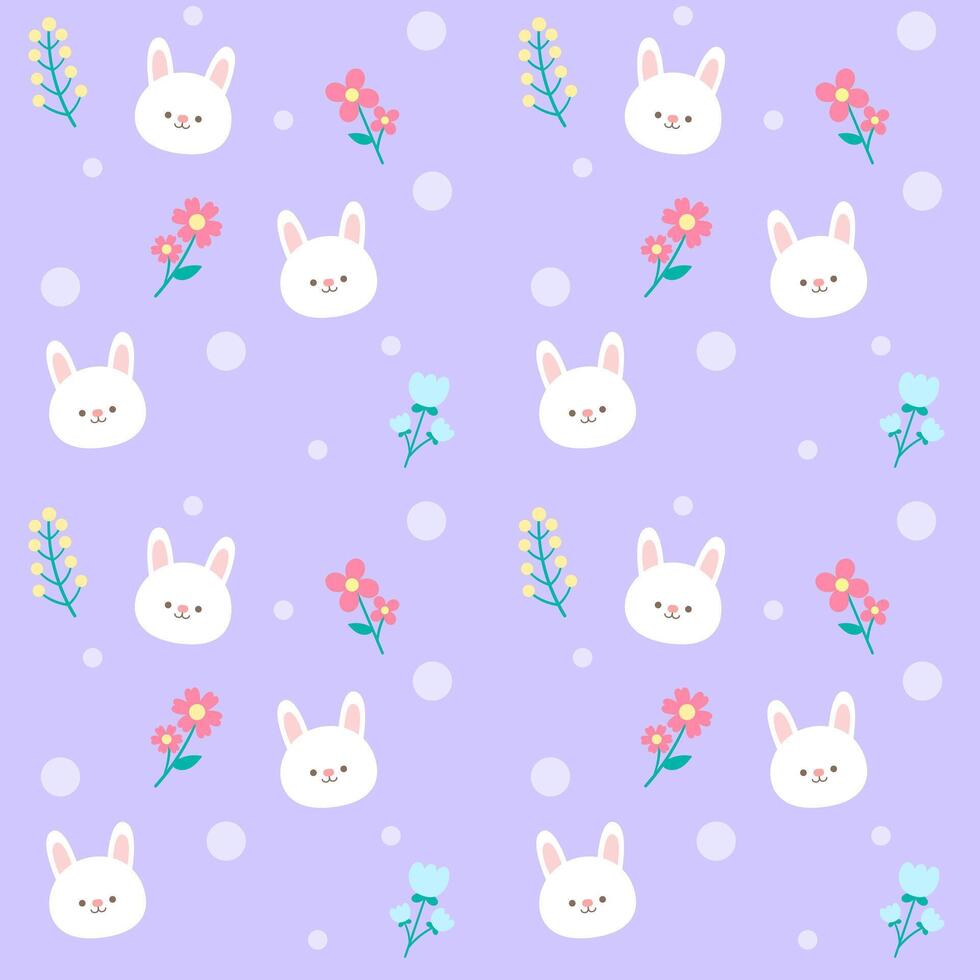 seamless kids pattern cute hand drawn bunny face in the garden light purple background vector illustration