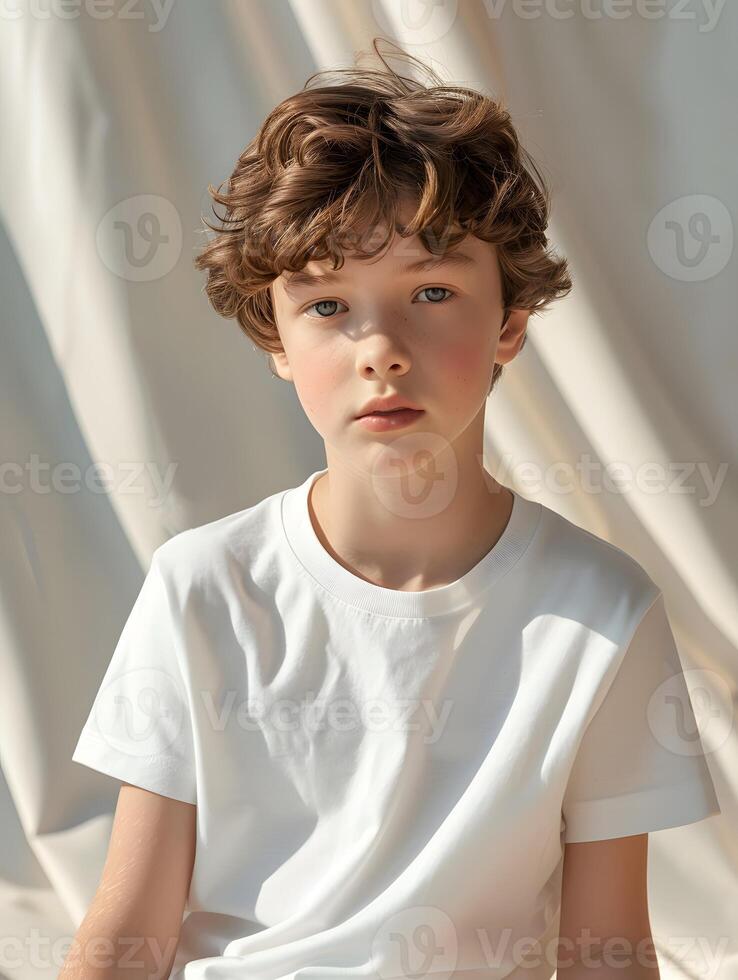 AI generated Boy's White Short Sleeve Round Neck T-Shirt Mockup It is a useful tool for clothing designers to help visualize T-shirts before actual production Save time and money and makes it easy. photo