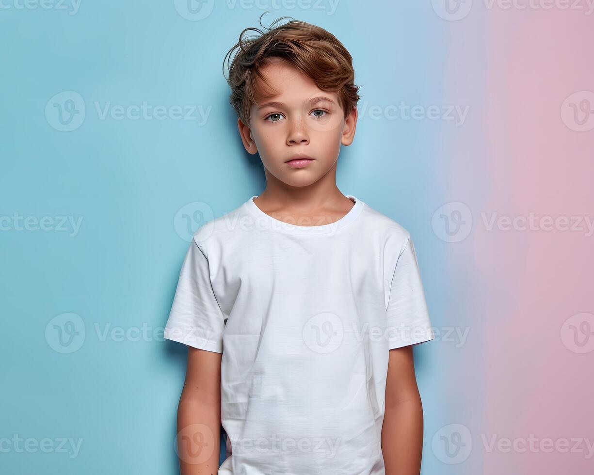 AI generated Boy's White Short Sleeve Round Neck T-Shirt Mockup It is a useful tool for clothing designers to help visualize T-shirts before actual production Save time and money and makes it easy. photo