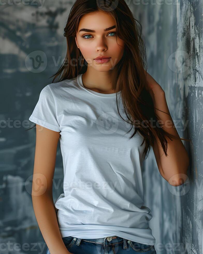 AI generated Women's White Short Sleeve Round Neck T-Shirt Mockup It is a useful tool for clothing designers to help visualize T-shirts before actual production Save time and money and makes it easier photo