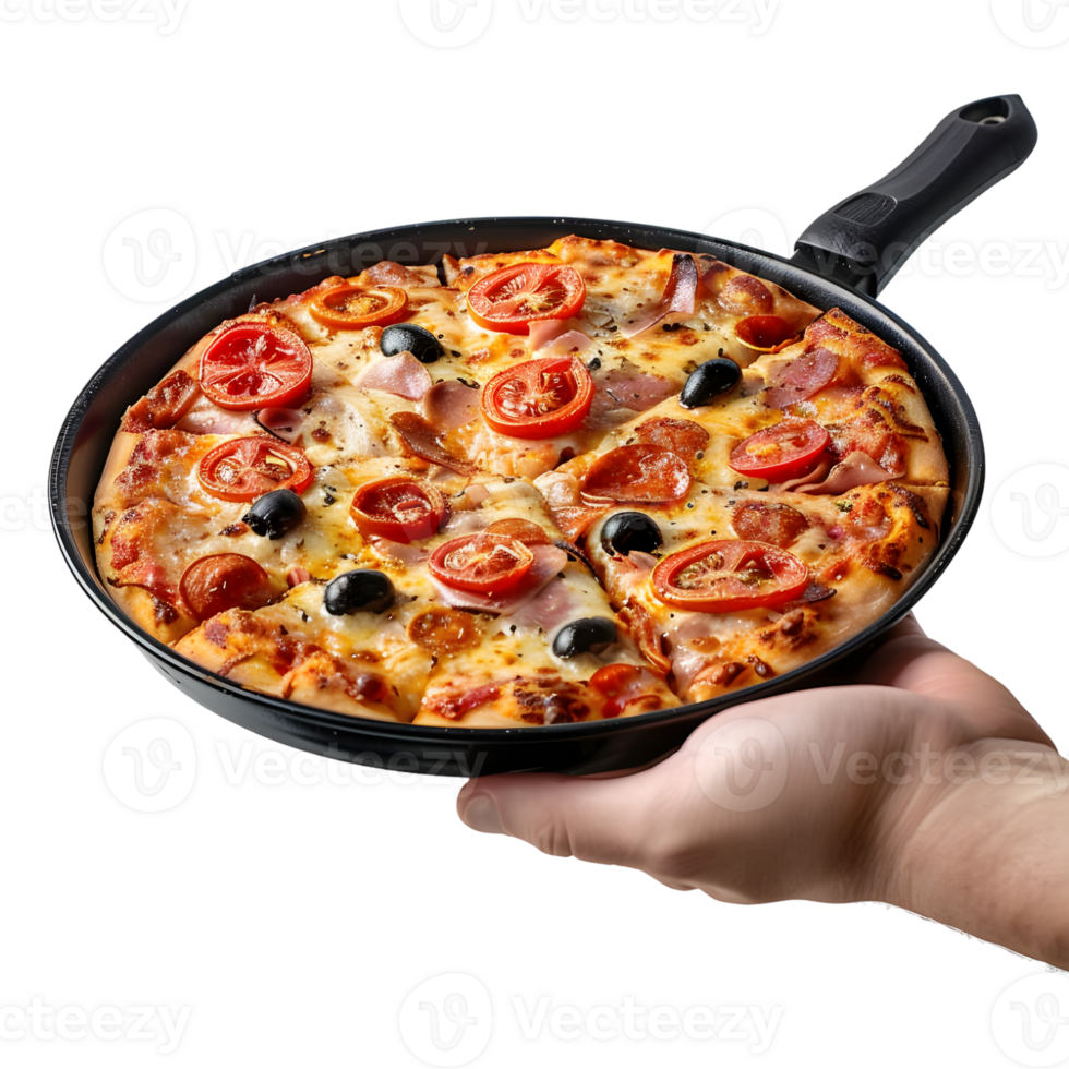 ai gegenereerd 3d renderen van een pizza in een pan Aan transparant achtergrond - ai gegenereerd png